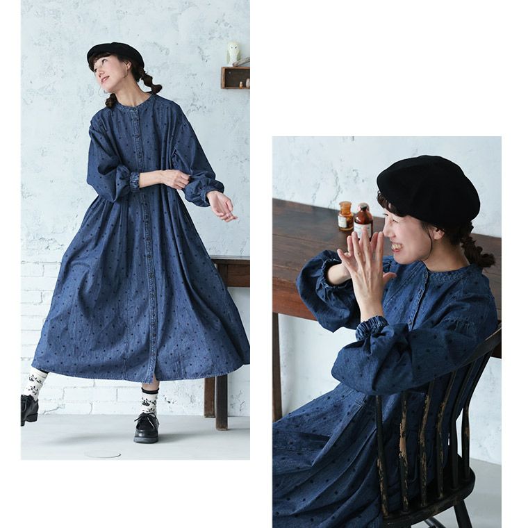 ふくろうと月雨つぶ刺繍のデニムワンピース | soulberry